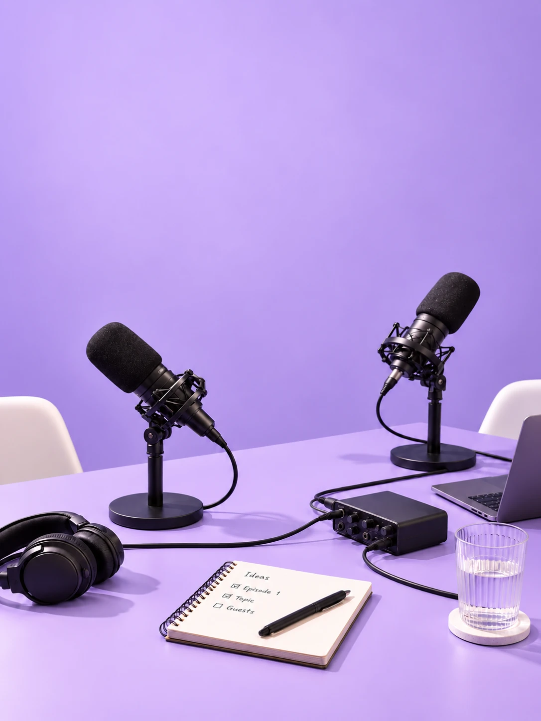 Dua mikrofon podcast dan buku catatan episode
